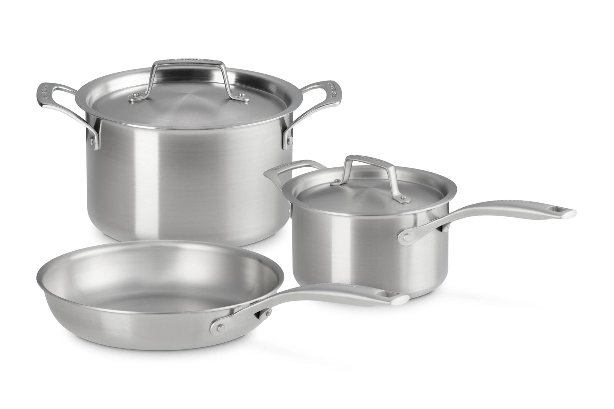 5 Piece Set Essential Stainless Steel (9.5 in. Frying Pan, 3 qt. Saucepan with Lid, 4 qt. Stockpot with Lid) | Le Creuset