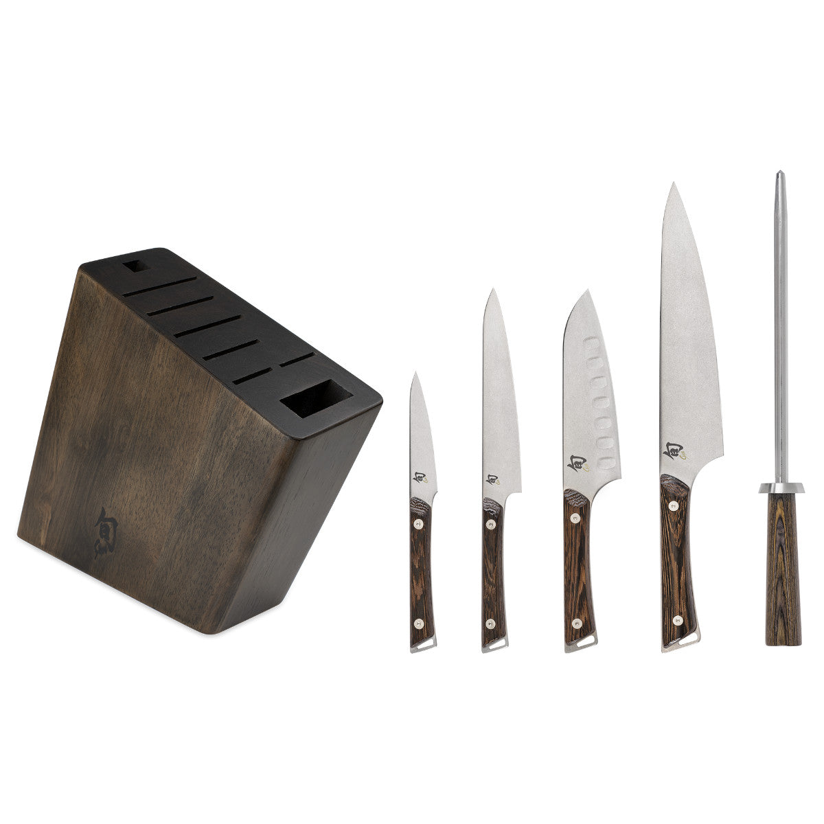Kanso 6 Pc Block Set: Paring 3.5", HG Santoku 5.5", Utility 6", Chef's 8", Combination Honing Steel, 8-Slot Block (DM0839). | Shun