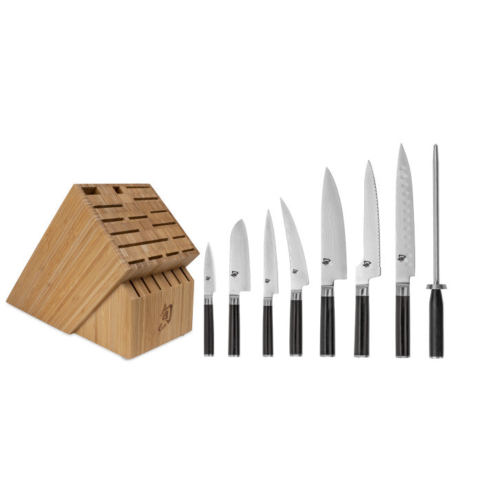 Classic 9 Pc Chef's Choice Block Set: Paring 3.5", Santoku 5.5", Utility 6", Boning/Fillet 6", Chef's 8", Offset Bread 8.25", H.G. Slicing 9", Combination Honing Steel and 22-Slot Bamboo Block. | Shun