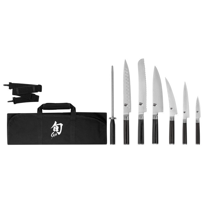 Classic 8 Pc Student Set: Paring 3.5", Utility 6", Chef's 8", Bread 9", H.G. Slicing 9", Boning/Fillet 6", Combination Honing Steel and Shun Knife Roll 8-Slot (DM0880).