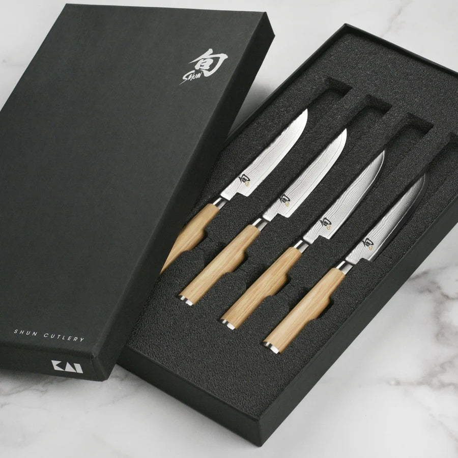 Classic Blonde 4 Pc Steak Knife Set: Four Steak Knives (DM0711W) in a boxed set. | Shun