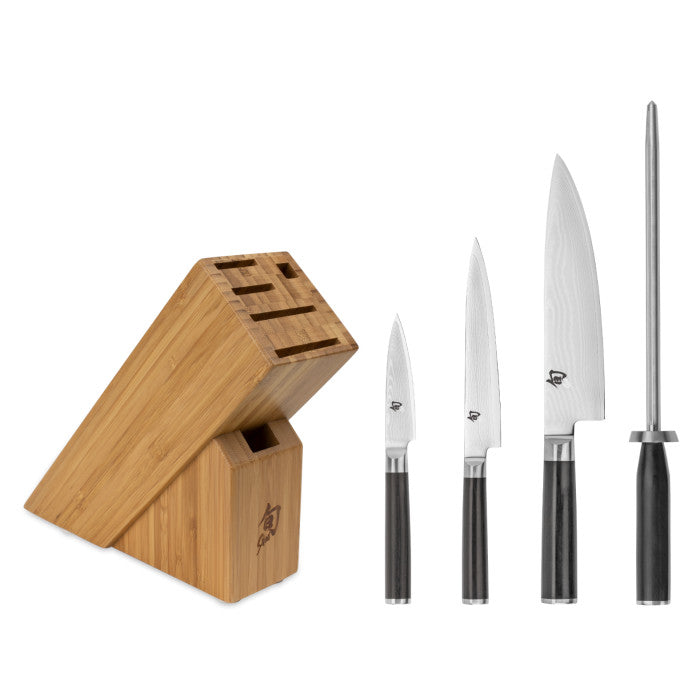 Classic 5 Pc Starter Block Set: Paring 3.5", Utility 6", Chef's 8", Combination Honing Steel and 6-Slot Slimline Block (DM0845). | Shun
