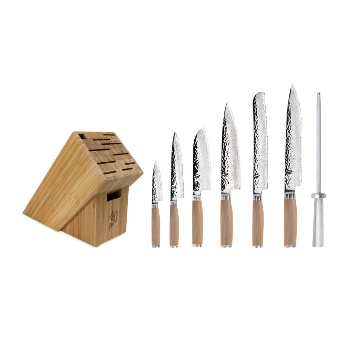Premier Blonde 8 Pc Professional Block Set: Paring 4", Santoku 5.5", Utility 6.5", Chef's 8", Bread 9", Slicing 9.5", Combination Honing Steel and 11-Slot Bamboo Block. | Shun