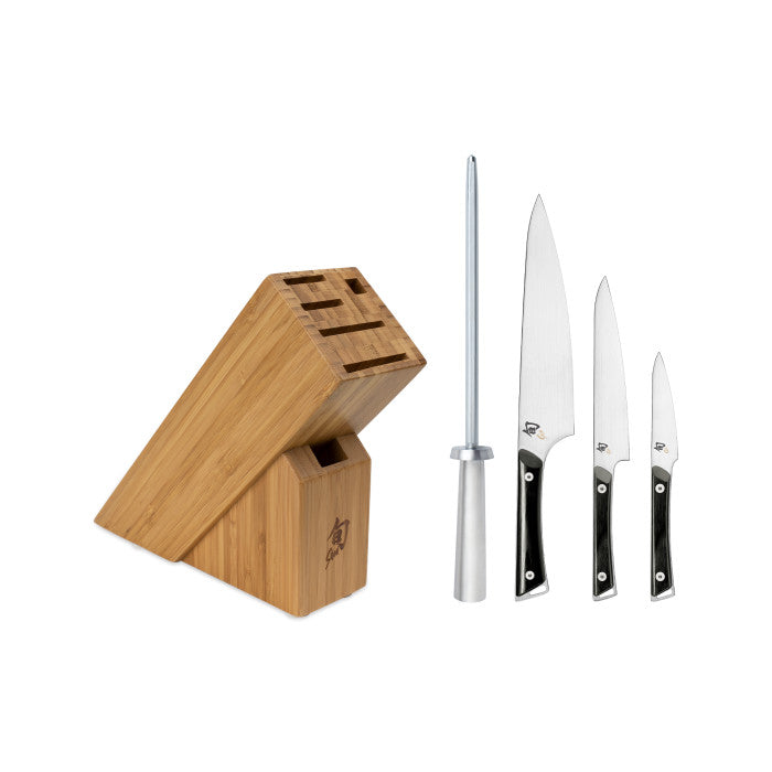 Kazahana 5 Pc Starter Block Set: Paring 3.5", Utility 6", Chef's 8", SS Combination Honing Steel and 6-Slot Slimline Block (DM0845) | Shun