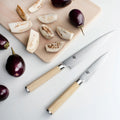 Classic Blonde 7 Pc Block Set: Paring 3.5", Utility 6", Nakiri 6.5", Chef's 8", Bread 9", Satin Steel Honing Steel and 8-Slot Birchwood Kickstand Block (DM0838). | Shun
