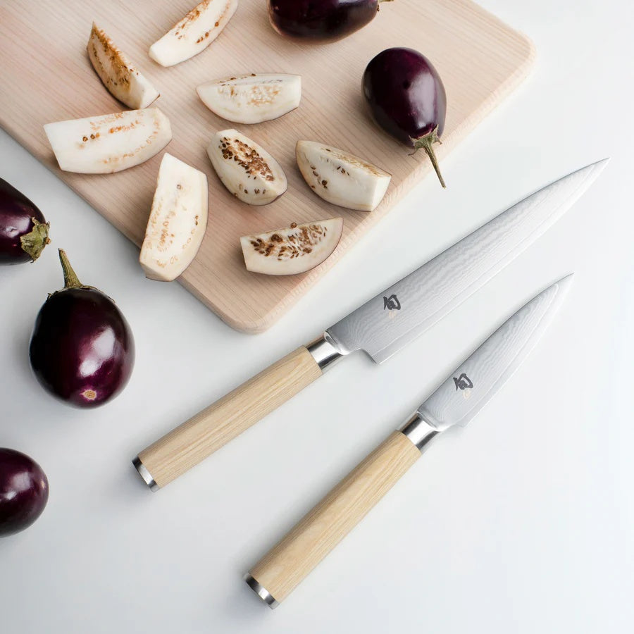 Classic Blonde 7 Pc Block Set: Paring 3.5", Utility 6", Nakiri 6.5", Chef's 8", Bread 9", Satin Steel Honing Steel and 8-Slot Birchwood Kickstand Block (DM0838). | Shun