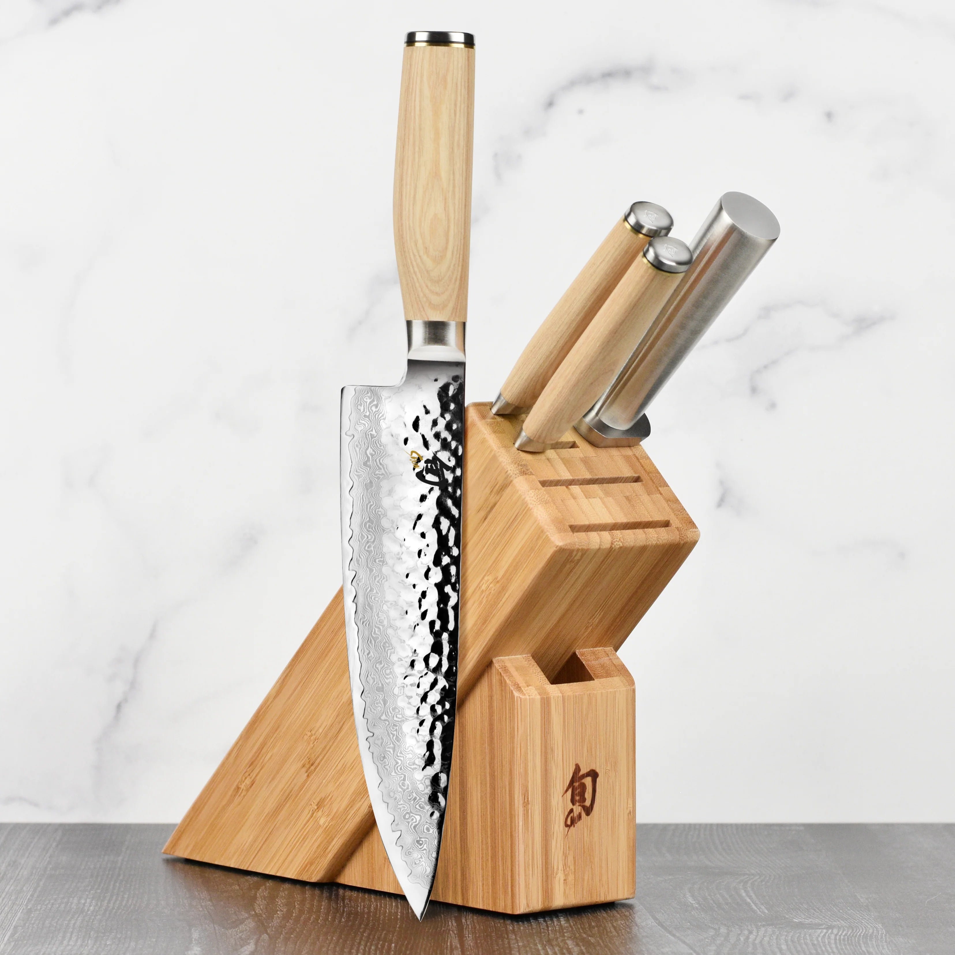 Premier Blonde 5 Pc Starter Set: Paring 4", Utility 6.5", Chef's 8", Satin Steel Combination Honing Steel, 6-Slot Slimline Block (DM0845) | Shun