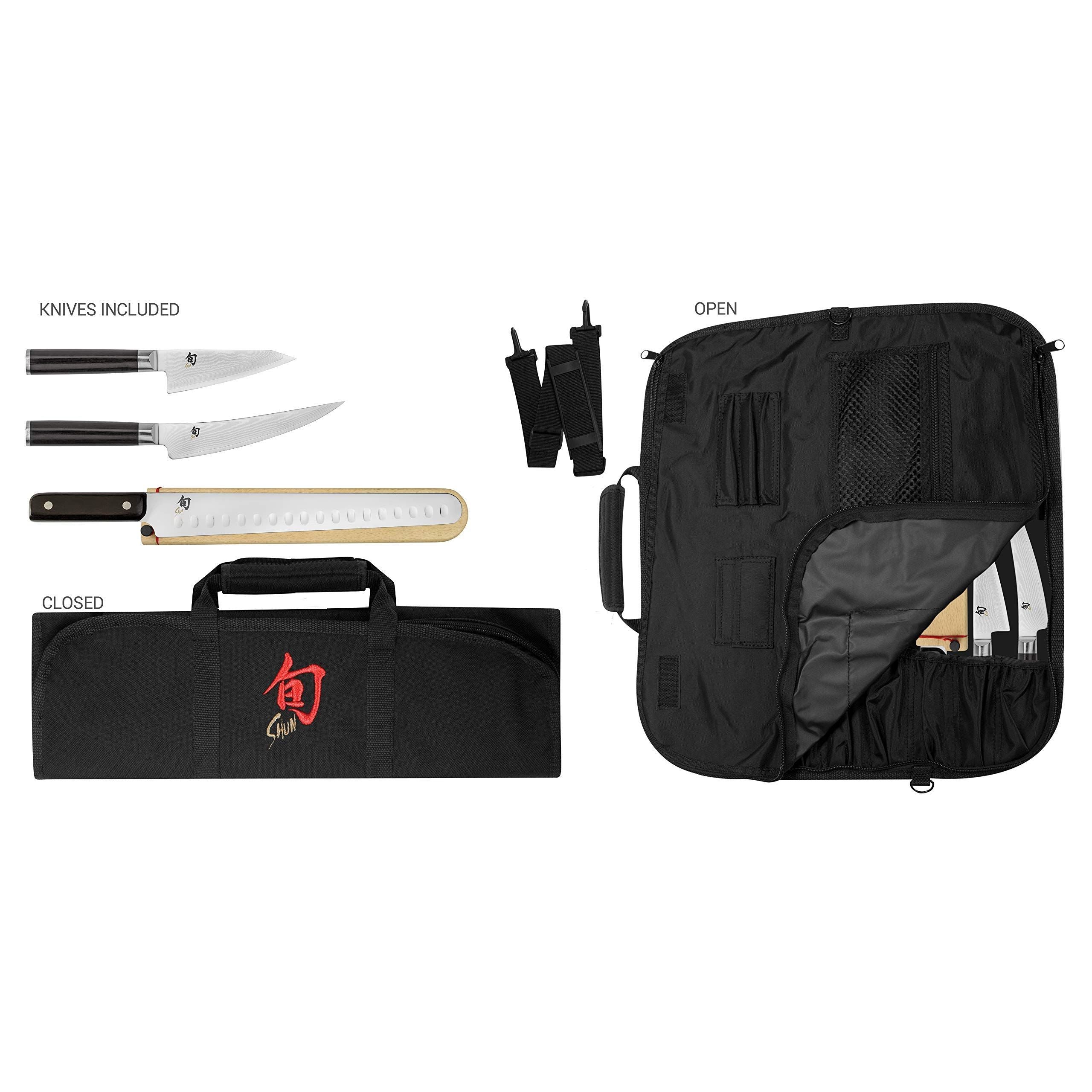 Classic 4 Pc BBQ Set: Asian Multi-Prep 4.5", Boning/Fillet 6", HG Brisket 12" w/ Saya, Shun 8-Slot Knife Roll (DM0880).