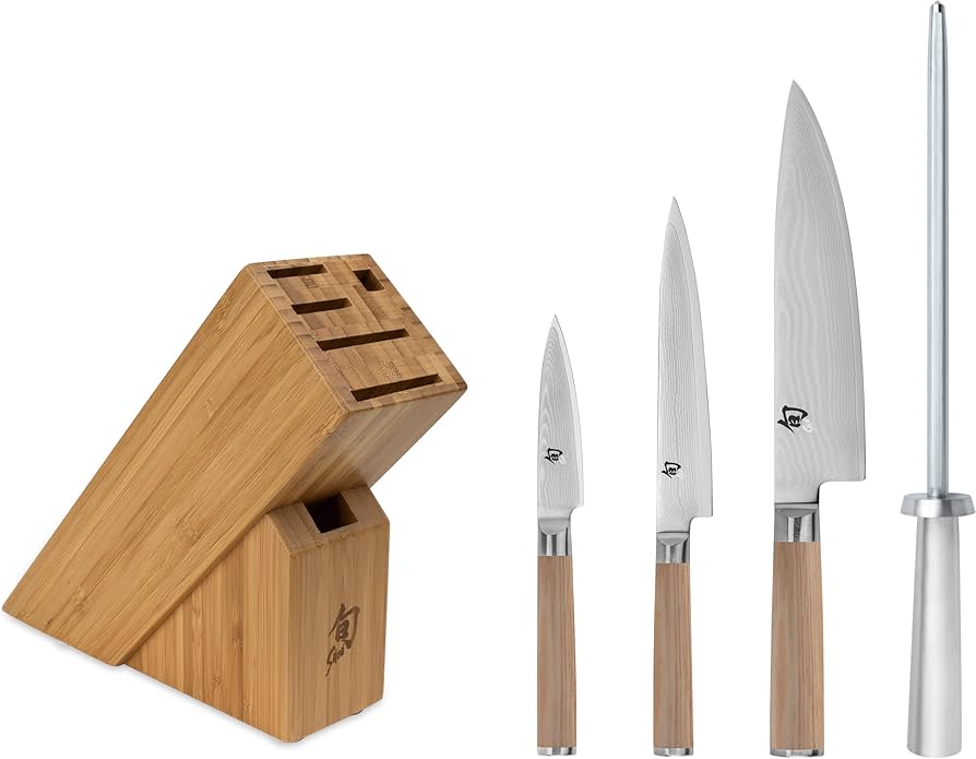 Classic Blonde 5 Pc Starter Block Set: Paring 3.5", Utility 6", Chef's 8", Satin Steel Honing Steel and 6-Slot Slimline Bamboo Block (DM0845). | Shun