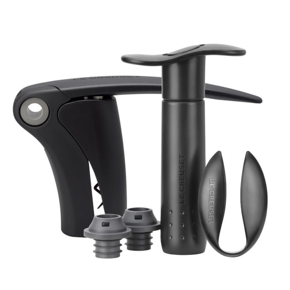 5 Piece Wine Tools Gift Set (Compact Lever, Foil Cutter & Pump with 2 Stoppers) - Black/Grey | Le Creuset