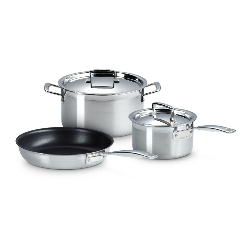 5 Piece Set Classic Stainless Steel (9.5 in. Classic Non-stick Frying Pan, Classic Stockpot with Lid, Classic Round Saucepan with Lid) | Le Creuset